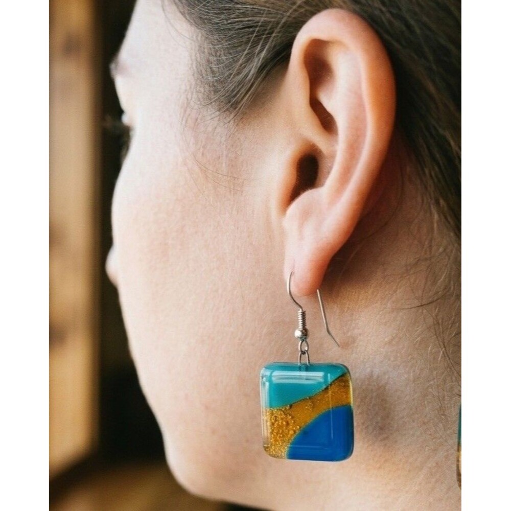 Tili Glass Handmade Earrings Chile Square Fused Art Glass Blue Gold Dangle Drop - Picture 2 of 4